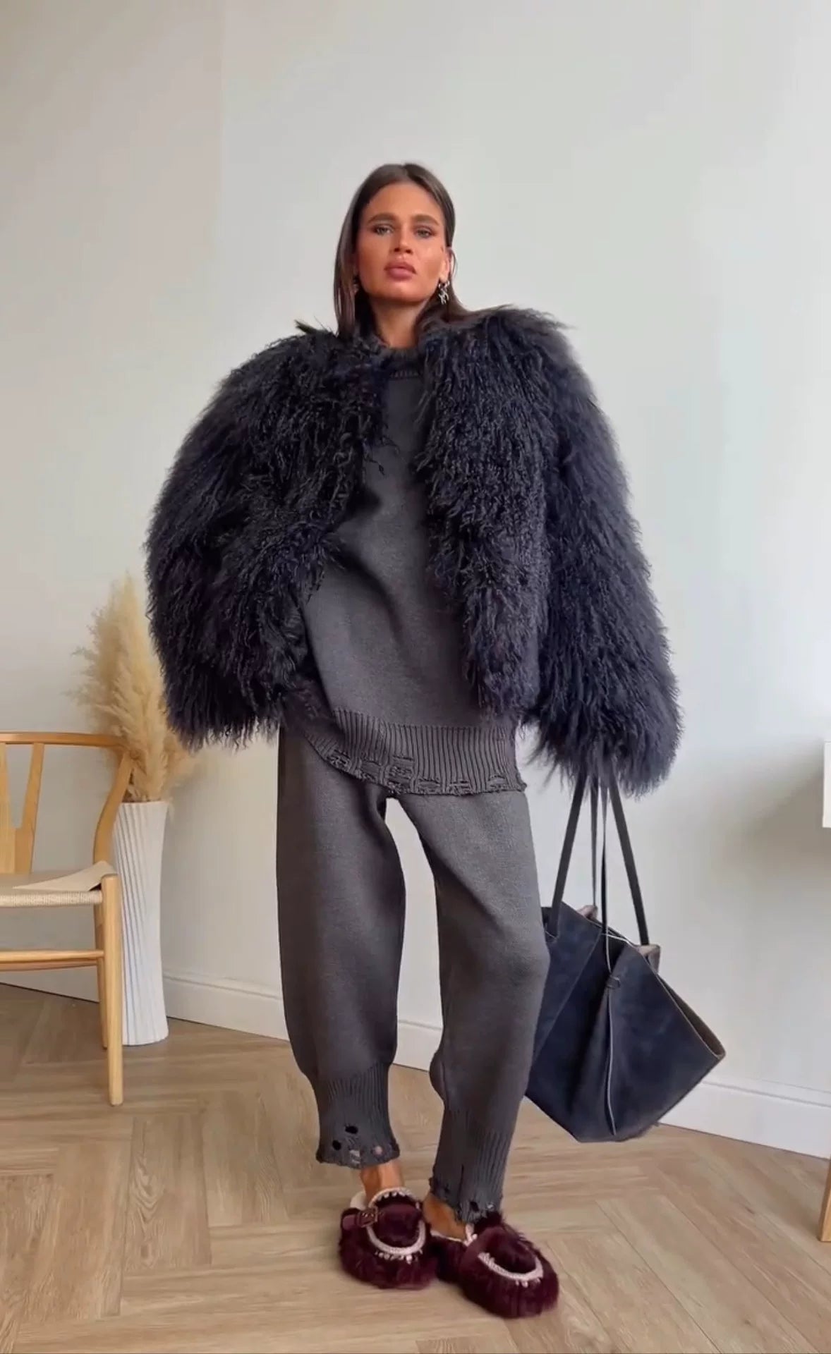 LaPose - Carlotta Shaggy Faux Fur Jacket - Dark Grey Color