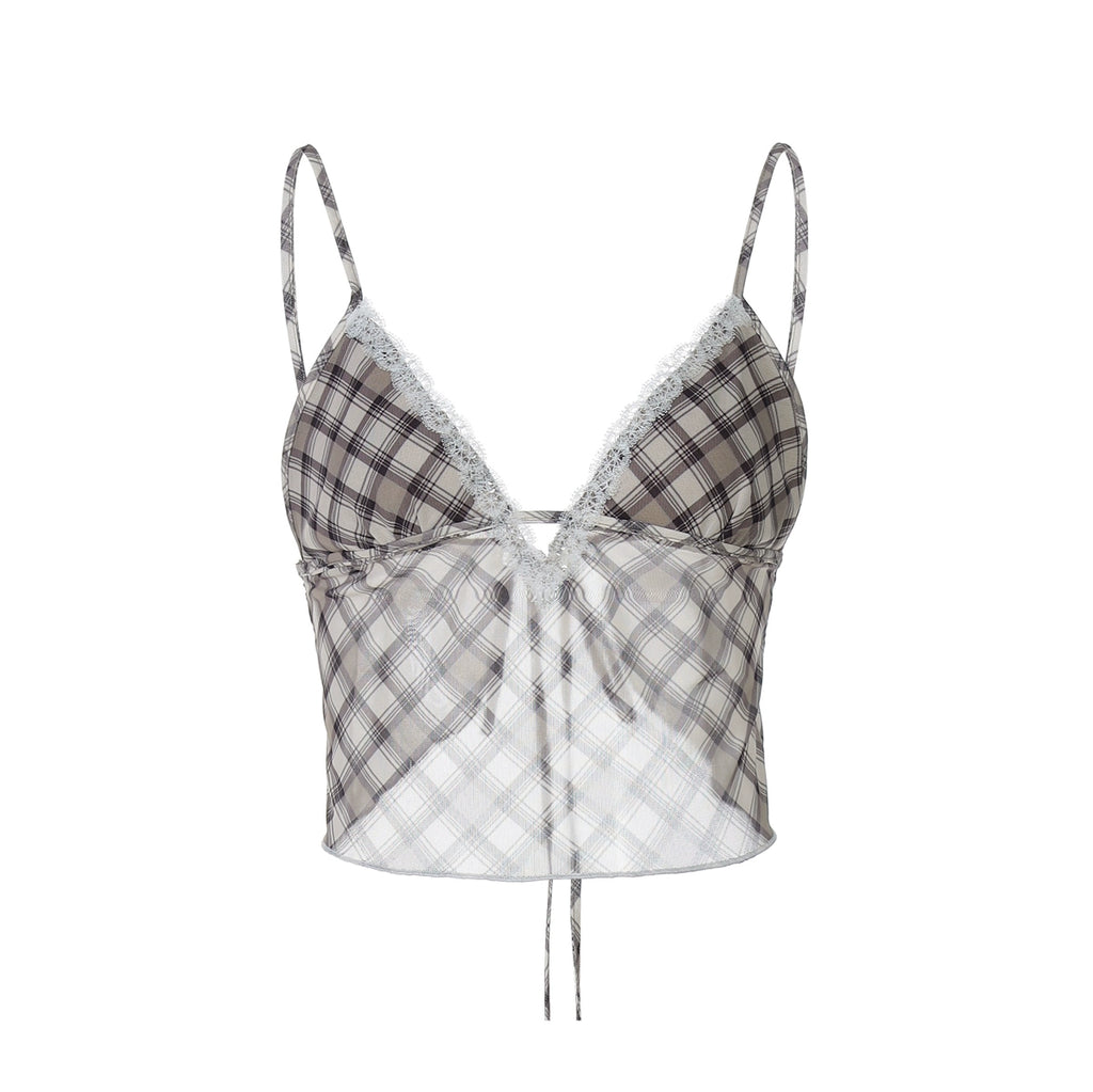 Alize Lace Trim Plaid Skirt Set - Coffee Camisole Top [7SD0VMVX]