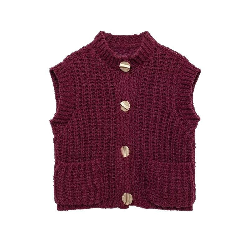 Maggie Button-Up Knit Vest - Wine Red [SWSRP932]