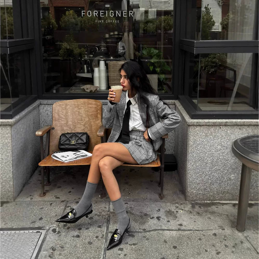LaPose - Ridhi Houndstooth Blazer Skirt Set - Grey Color