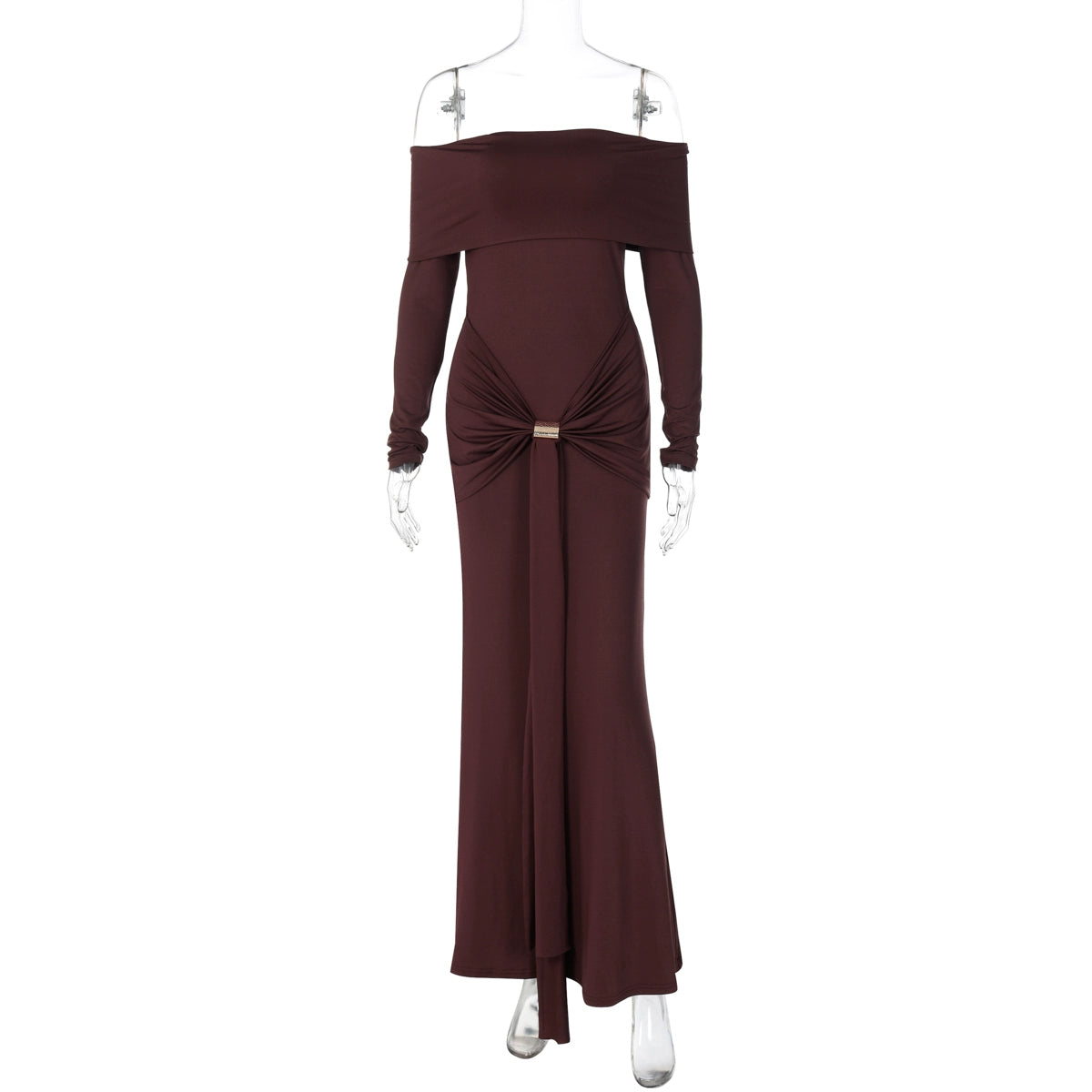 Swara Off-Shoulder Tie Waist Dress - Reddish Brown [ZFAFOOBC]