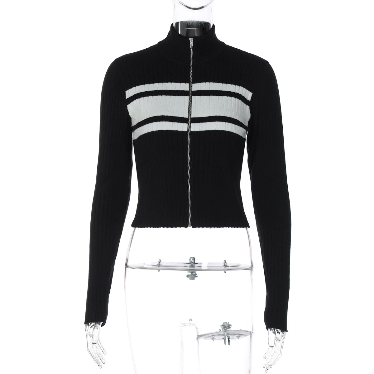 Kacy Contrast Zipper Knit Top - Black [W5SZ0KBE]