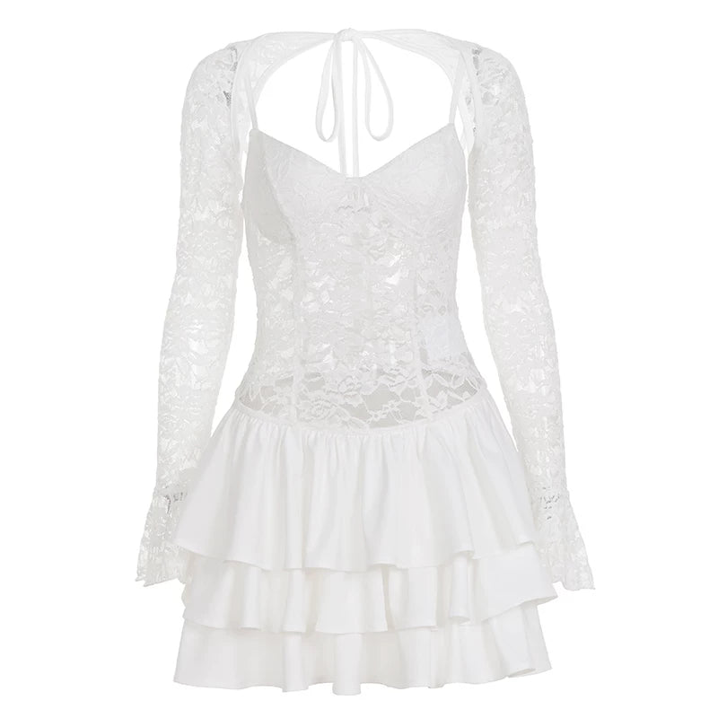Lace Patchwork Ruffle Skirt Set - White [LUXIOHYG]