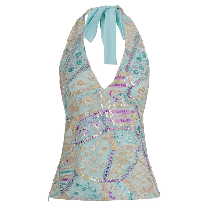 Jana Sequin Floral Halter Top - Blue [Q9X6FWAS]