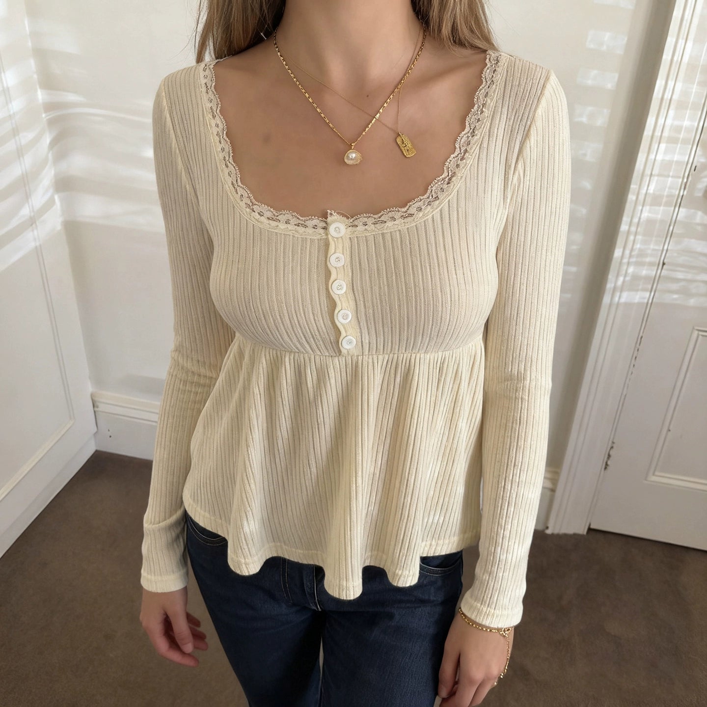 Aaleiya Lace Square Neck Top - Light Yellow [N16745FI]