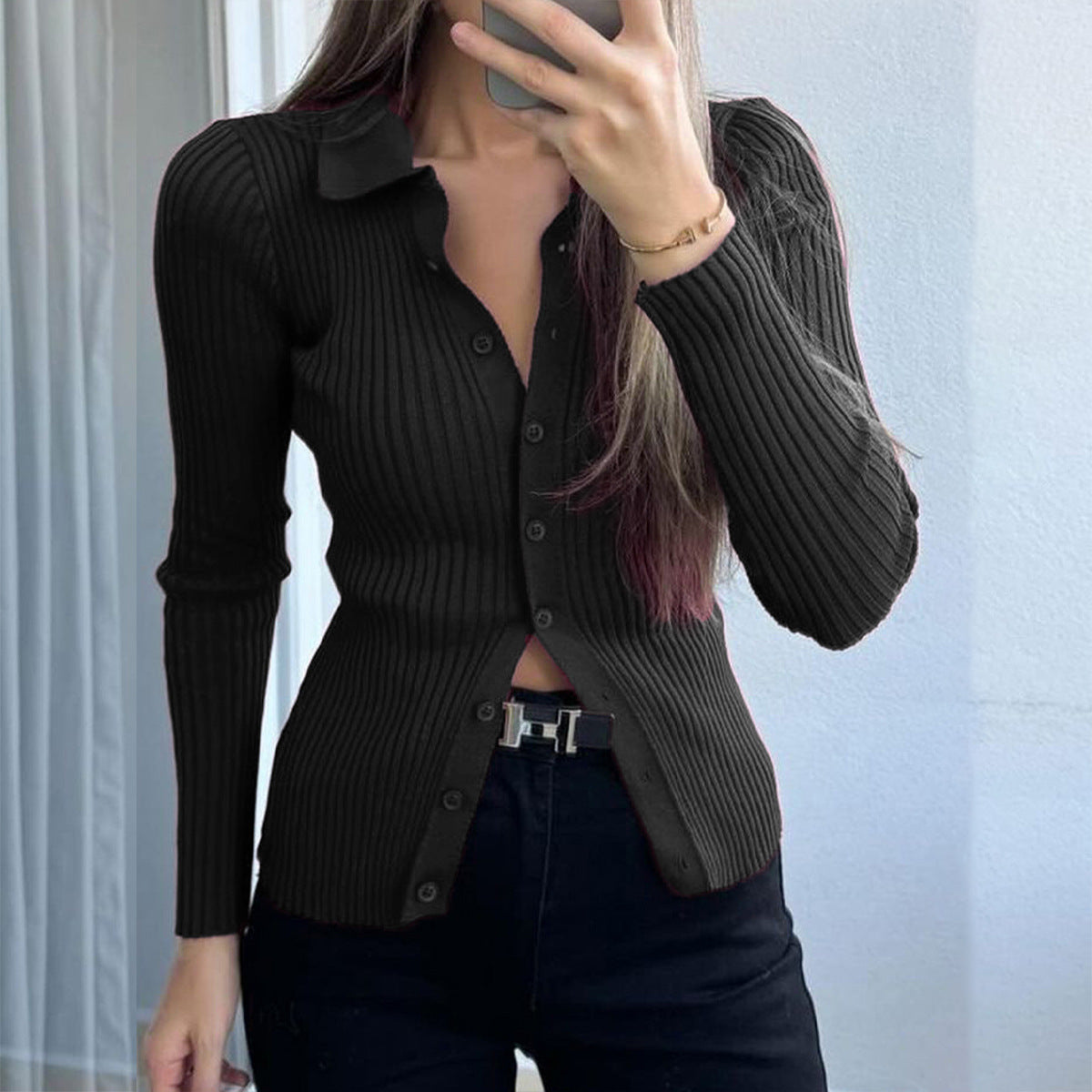 Jessalynn Knit Polo Top - Black [R5DJCEYI]