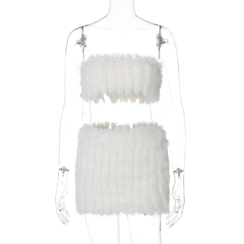 Skylah Furry Strapless Mini Skirt Set - White [OSR4XUVU]