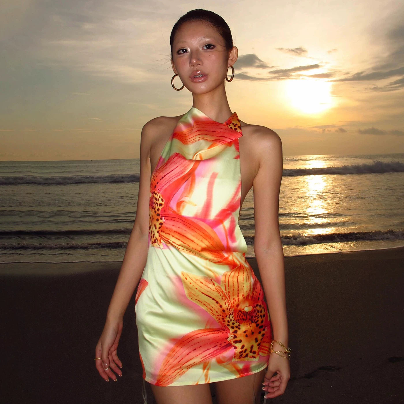 Floral Gradient Halter Mini Dress - Light Yellow [V0XQK5GD]