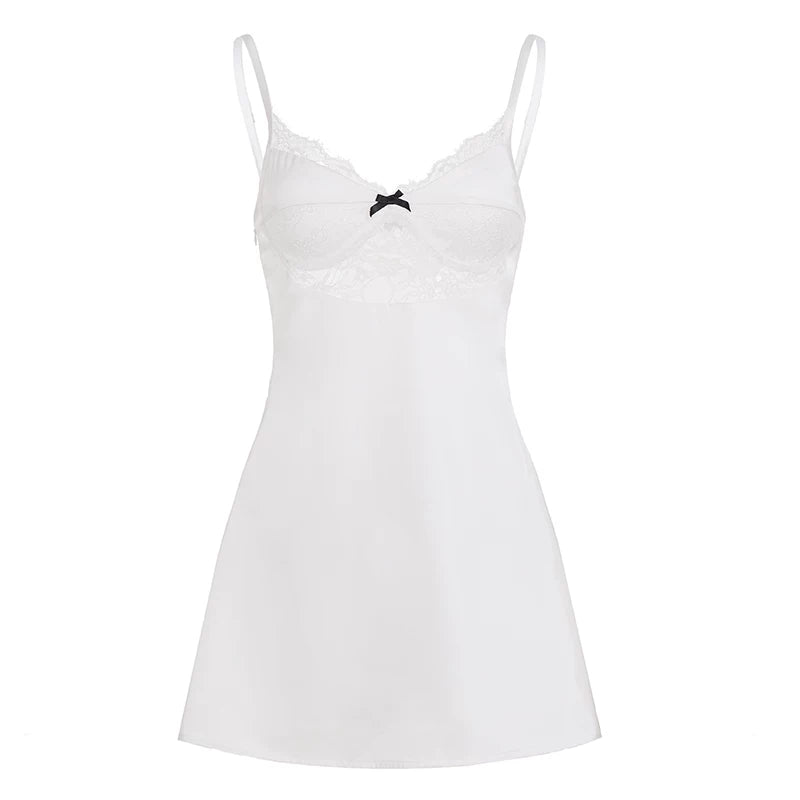 Lace Splicing Satin Mini Dress - White [ZBFYS6CB]