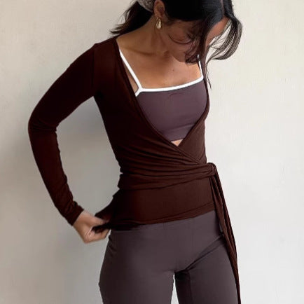 Kamya V-Neck Wrap Top - Brown [84UR5OJ0]