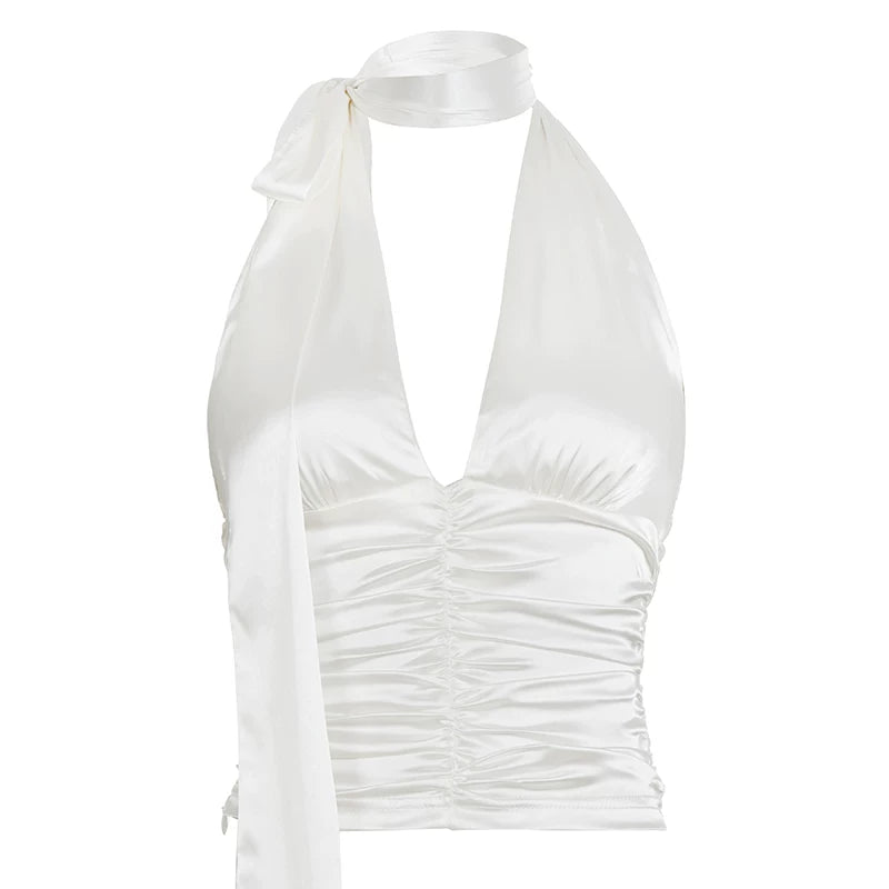 Ruched Satin Halter Top - Off-White [MRLGHHVC]