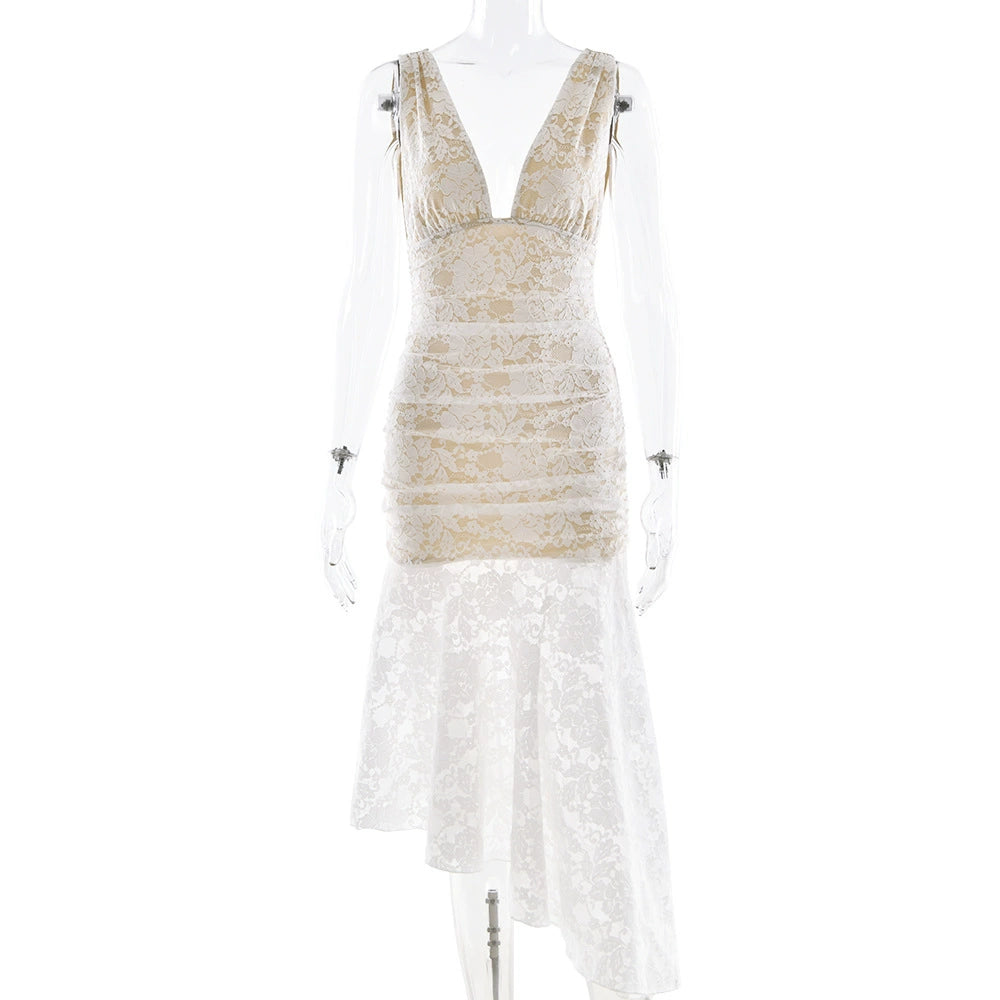 Kaliah Lace Ruched Asymmetric Dress - White [HCFB89T1]