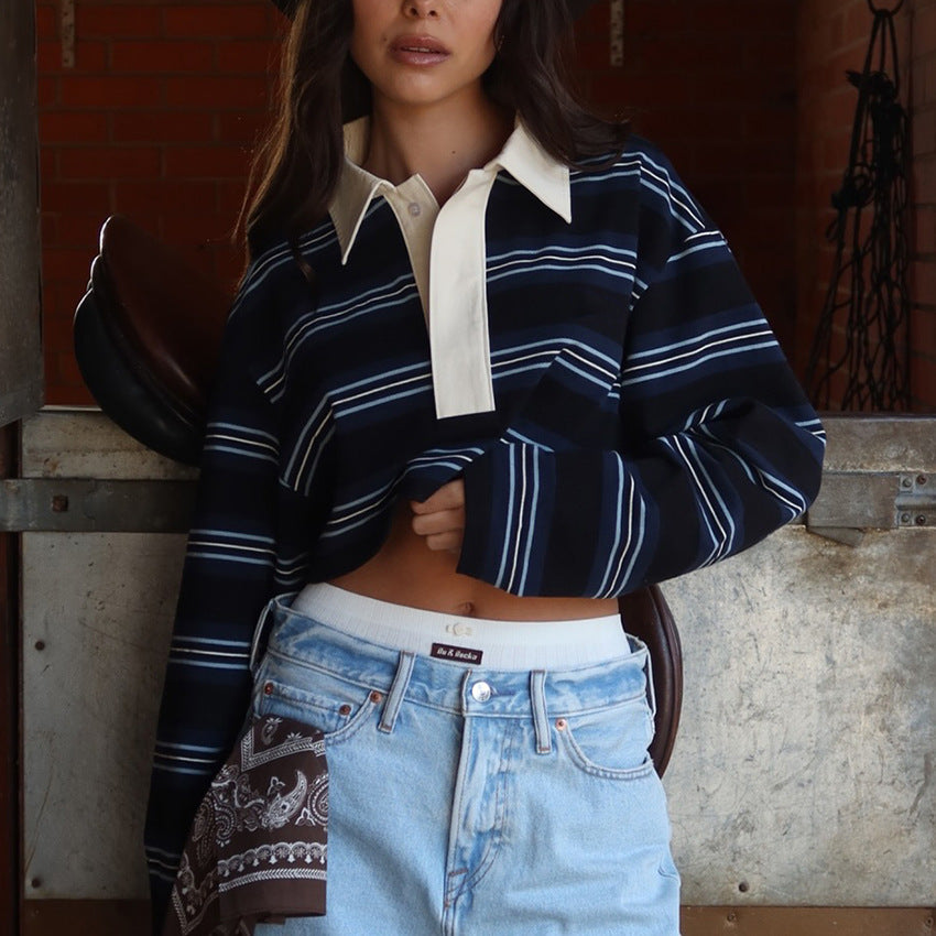 Bella Striped Polo Long-Sleeve Top - Blue [WZM7CBL5]