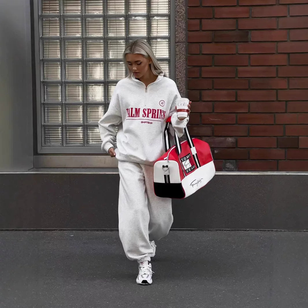 LaPose - Krislynn Half-Zip Sweatshirt Jogger Set - Light Gray Color