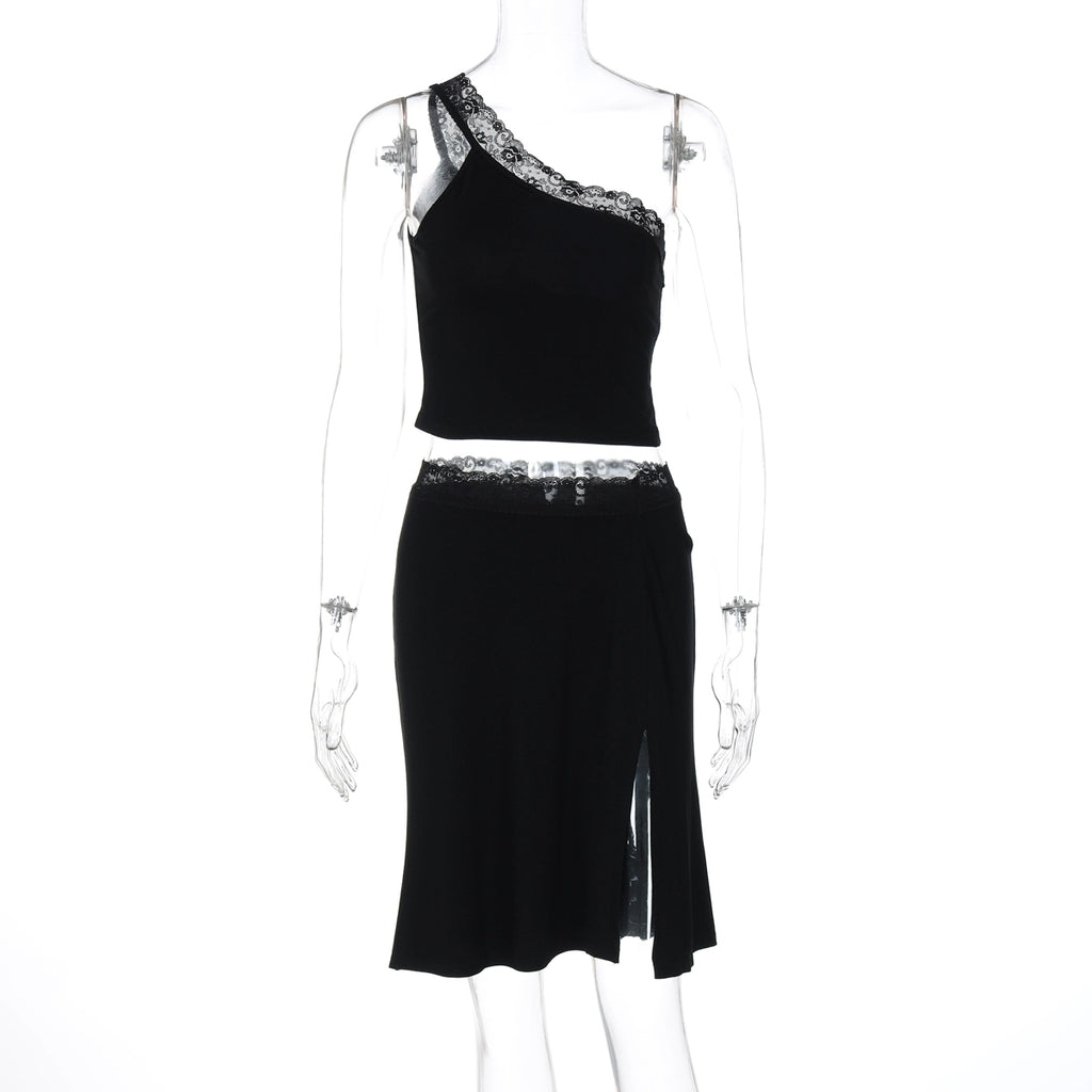 River One-Shoulder Lace Skirt Set - Black [0DVLN919]