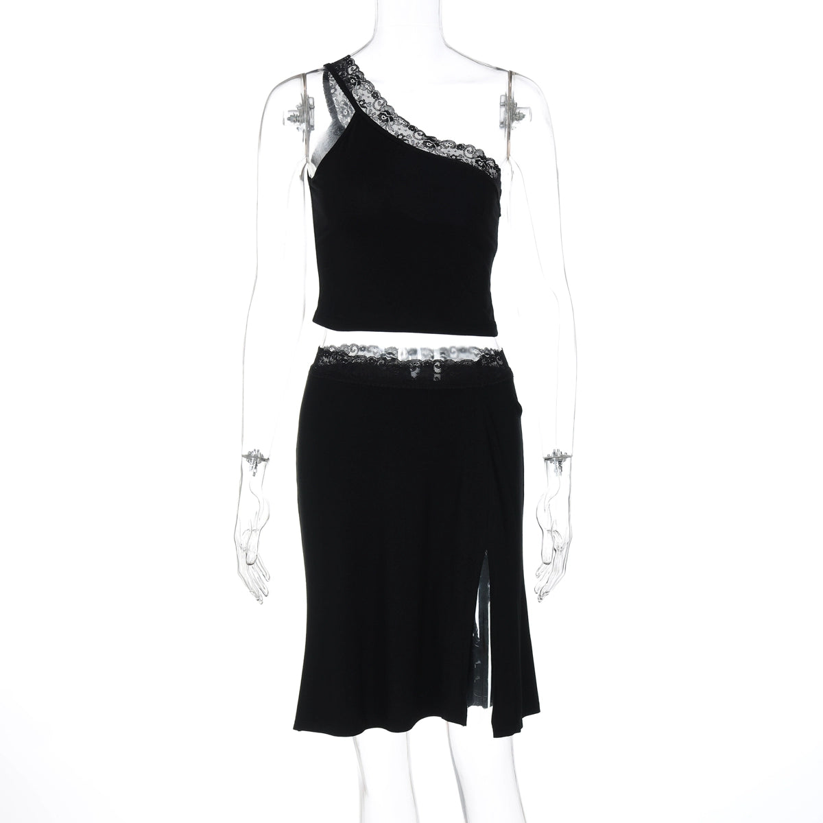 River One-Shoulder Lace Skirt Set - Black [0DVLN919]
