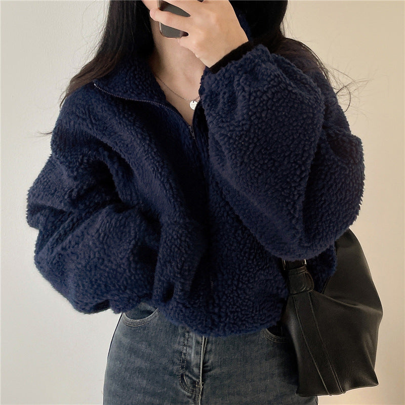 Akilah Cozy Stand Collar Cardigan - Dark Blue [RVAGBLKA]