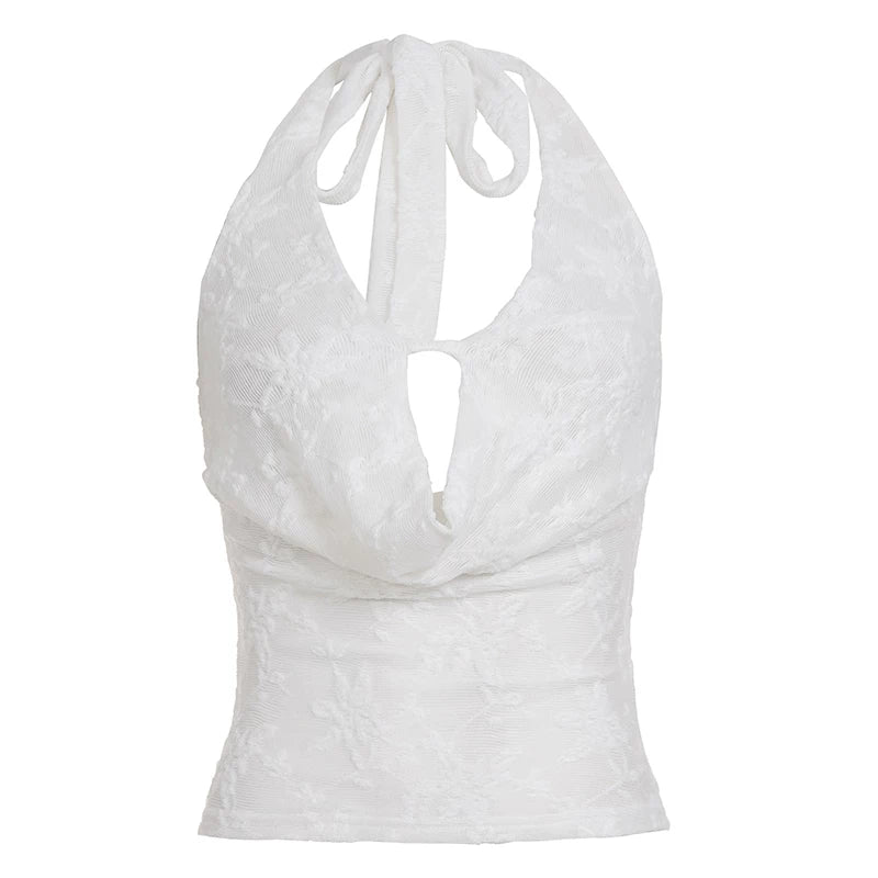 Lace Halter Neck Tank Top - White [UB01C2D3]