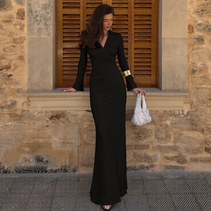 Sena Pleated Bodycon Midi Dress - Black [QL7V9H5K]