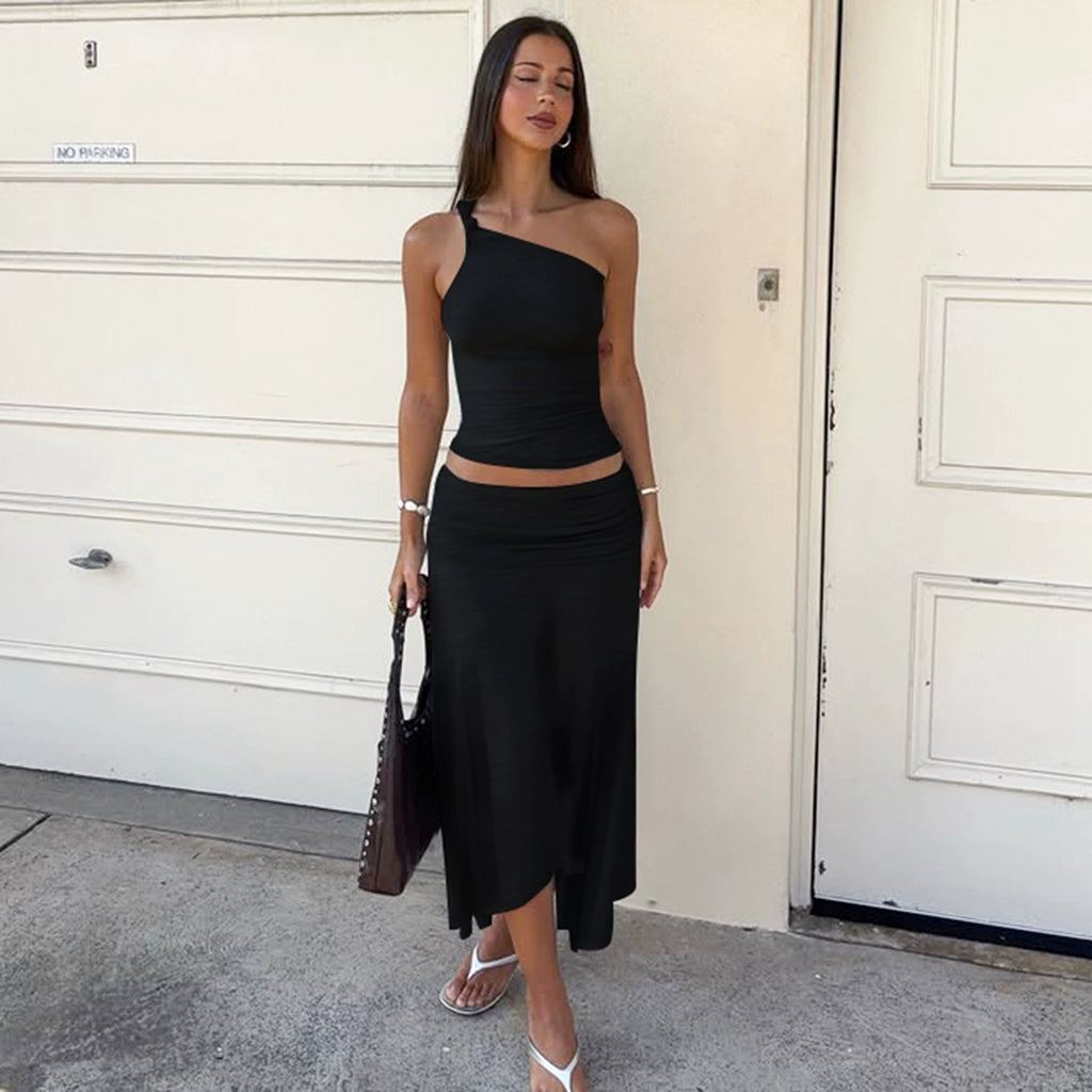 Taryn Ribbed Twist Skirt Set - Black