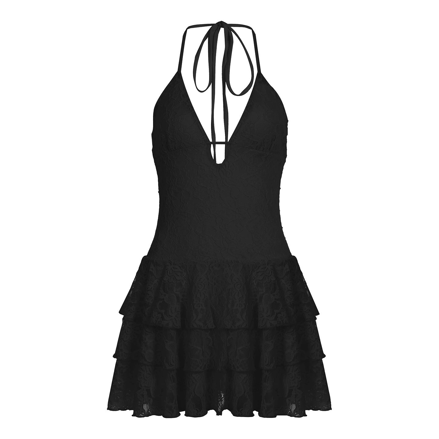 Adaley Lace Tiered Mini Dress - Black [DFPAN4P8]