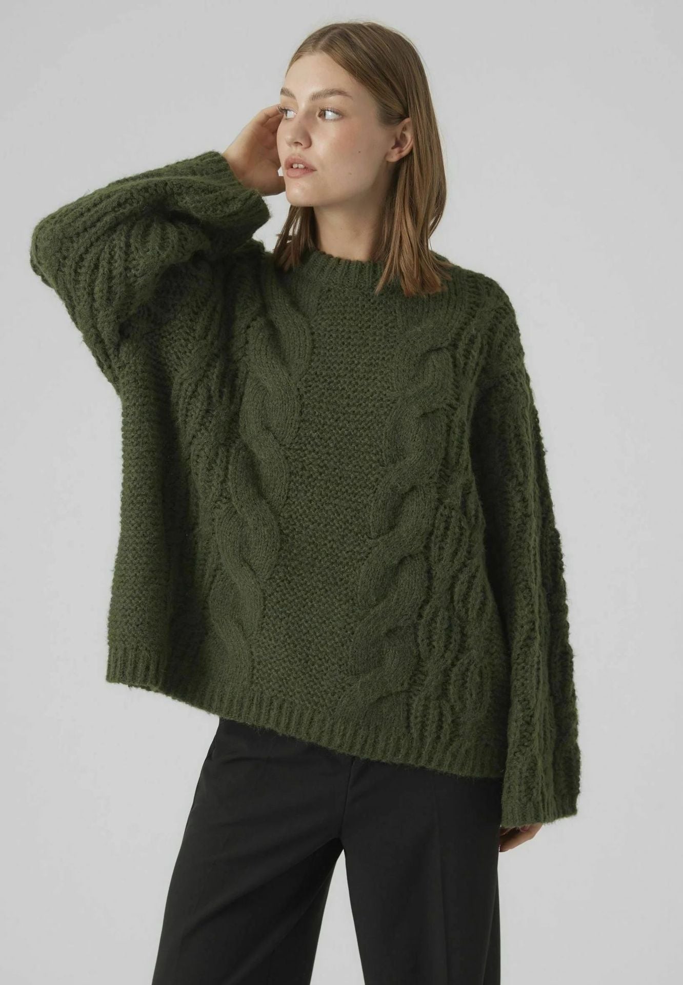 Shrinika Bell Sleeve Knit Sweater - Dark Green Round Neck Sweater [6MIJQKIS]