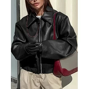 LaPose - Shiloh Oversized Retro Faux Leather Jacket - Black Color