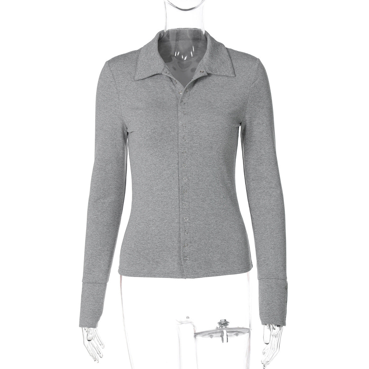 Aniylah Ribbed Collared Button Top - Grey [HZJZZ0IG]