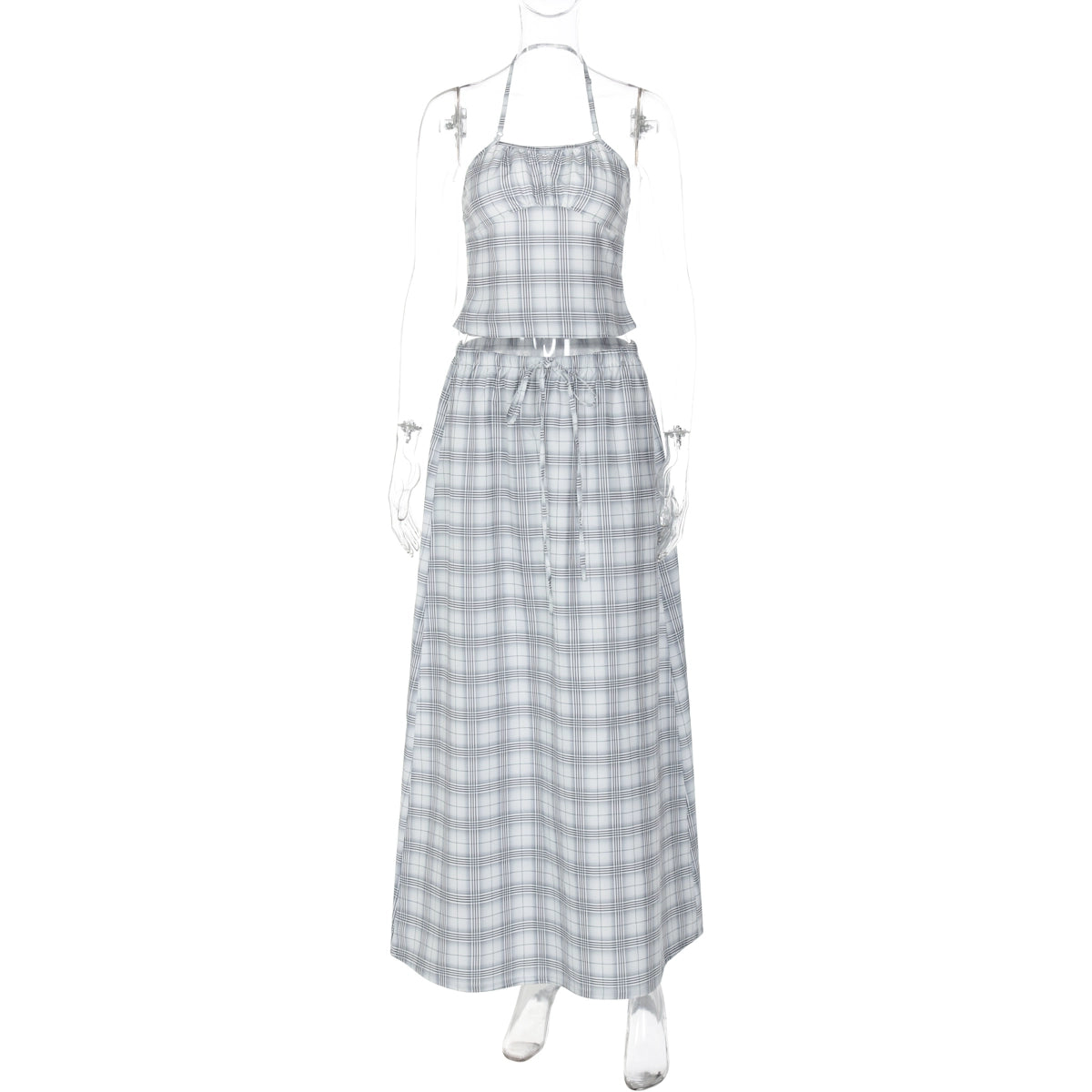 Nasra Halter Plaid Skirt Set - Light Grey [3HSKG56Y]
