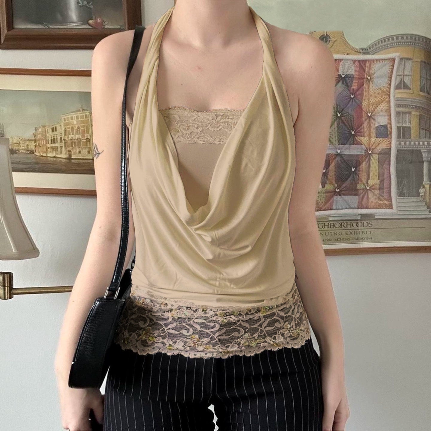 Colby Faux Layered Halter Top - Khaki