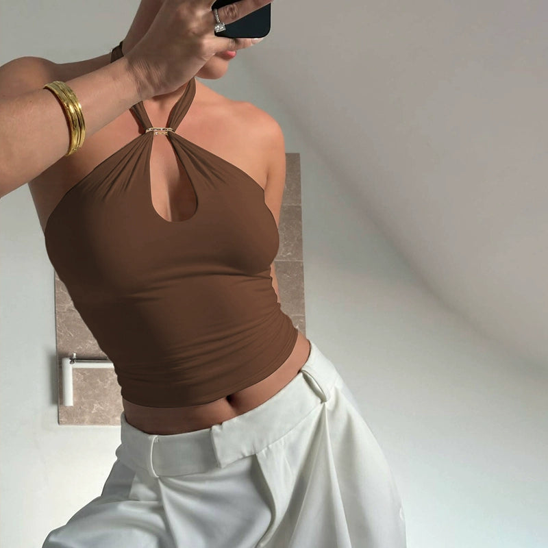 Lahna Halter Backless Crop Top - Brown [IY5OPP74]