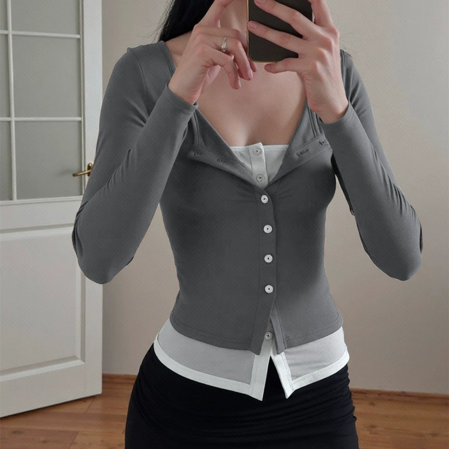 Avary Patchwork Faux Layer Top - Grey [5YJ9X91O]