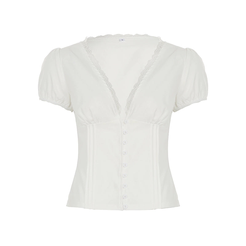 Lillith Lace Puff Sleeve Top - White [K8KQES9G]