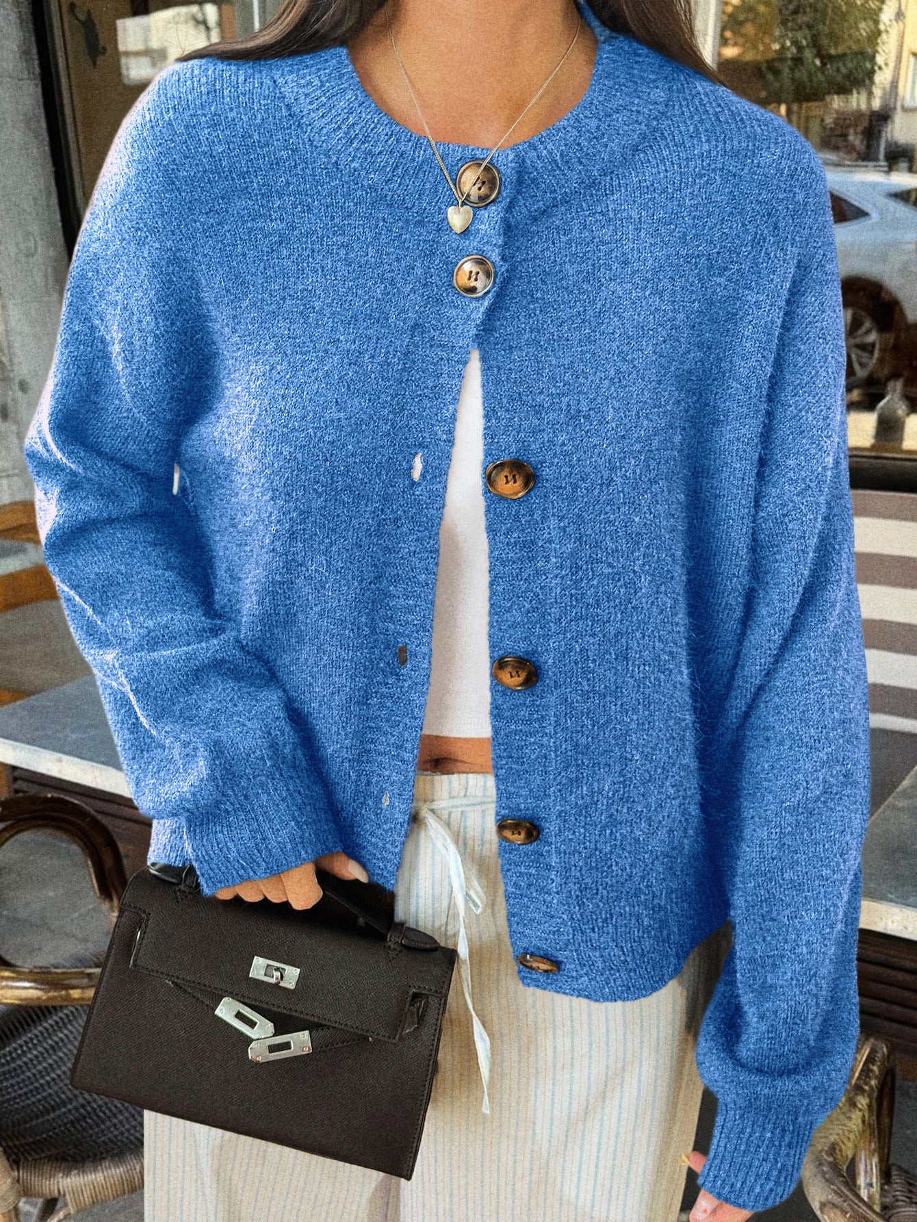 Kristy Button-Front Knit Cardigan - Blue [GY3LW5Z3]
