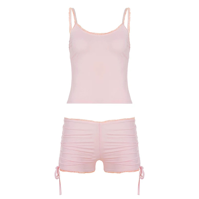 Lace Trim Cami and Shorts Set - Pink [E12S5E1G]