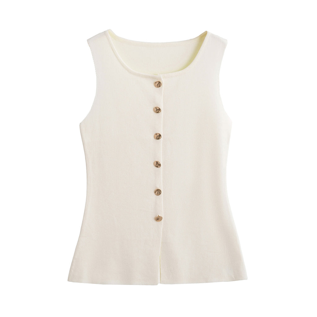 Neely Gold Button Knit Vest - White [VMHZVJMB]