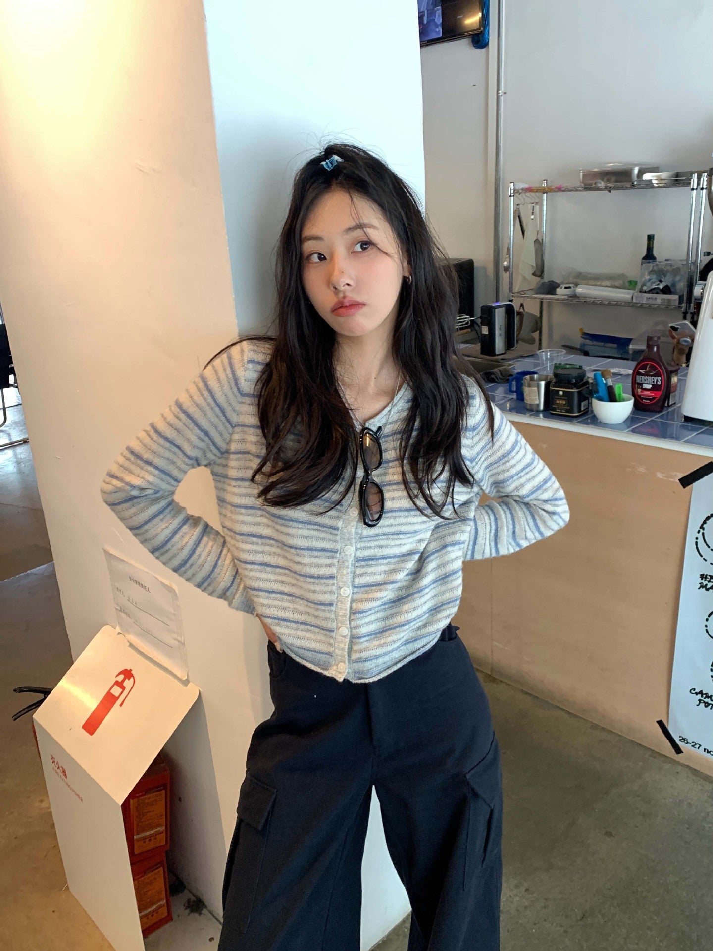 Honey Short Striped Knit Cardigan - Blue Stripe [XGX7P7R7]