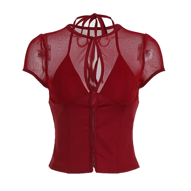 LaPose - Mirielle Mesh Cut-Out Crop Top - Red Color