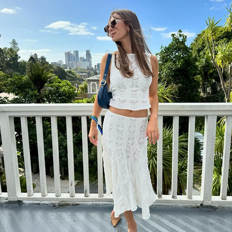 Quetzaly Crochet Skirt Set - White