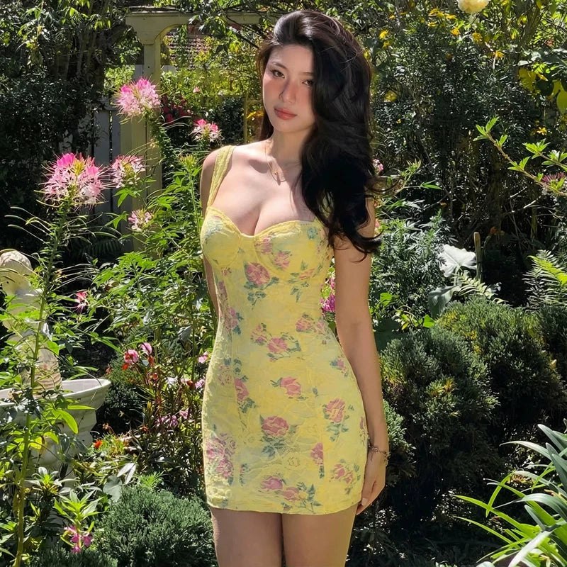 Floral Lace Spliced Mini Dress - Yellow [JGC36QAZ]