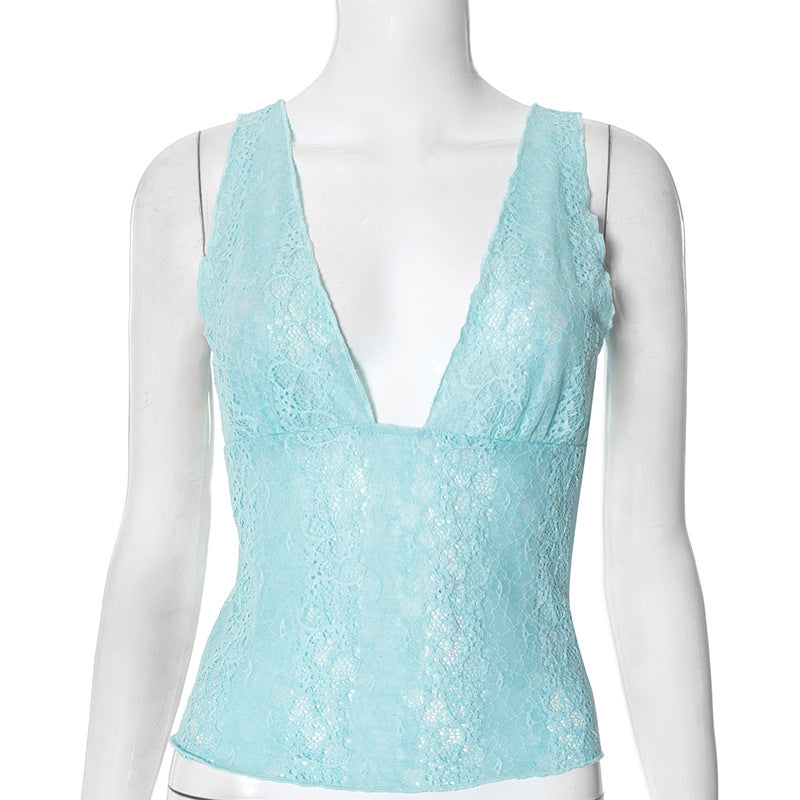 Kenzlie Lace Trim Crop Top - Blue [OWDZQ28R]