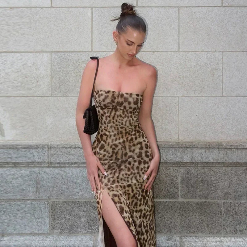 LaPose - Anastazia Leopard Slit Tube Dress