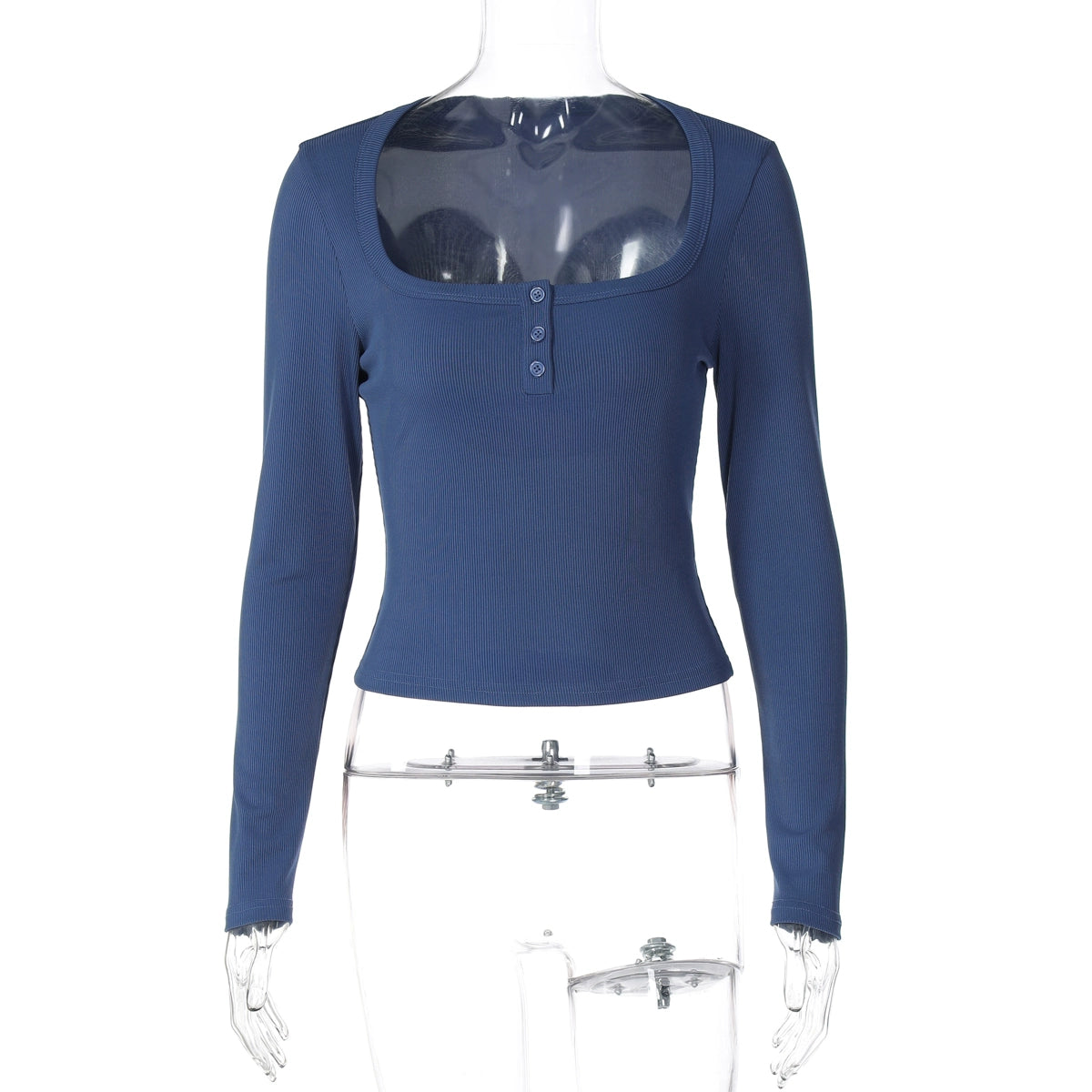 Aditri Ribbed Button U-Neck Top - Haze Blue [DETSCVB5]