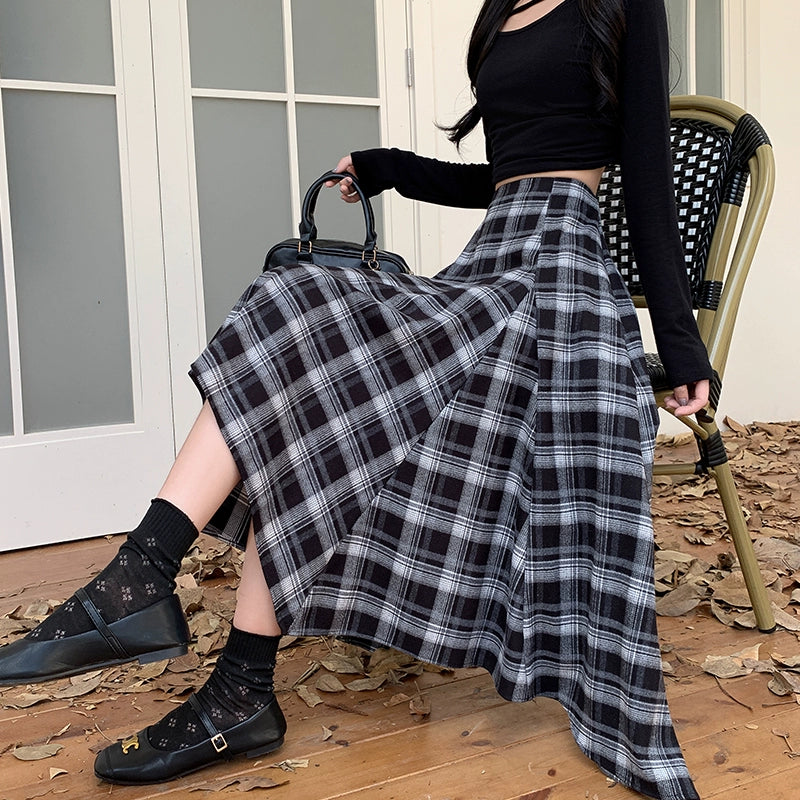 Tailynn Plaid Irregular Midi Skirt - Black Plaid [39I5A5JU]