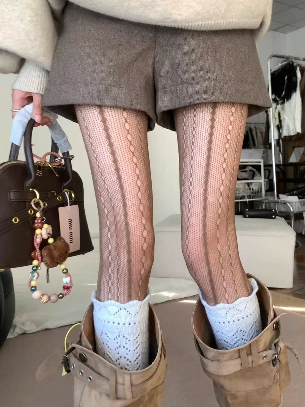 Rylan Chain Pattern Stocking Set - Coffee Sheer Stockings & White Hollow-Out Calf Socks Set [LJ9HRQWF]