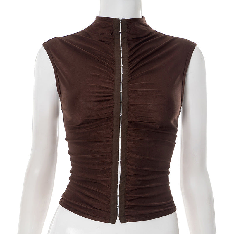 Amauri Pleated Mock Neck Vest - Brown [P1WMZXOQ]