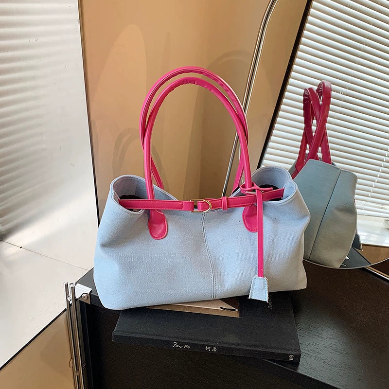 Leiana Colorblock Denim Tote - Light Blue with Pink