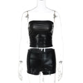 Lace-Up PU Leather Short Set - Black [TN6PEEHV]