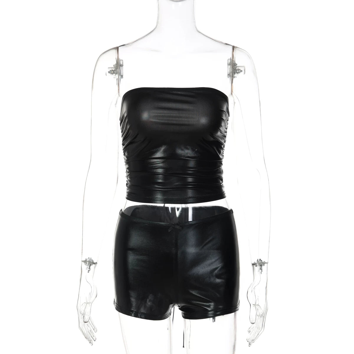 Lace-Up PU Leather Short Set - Black [TN6PEEHV]