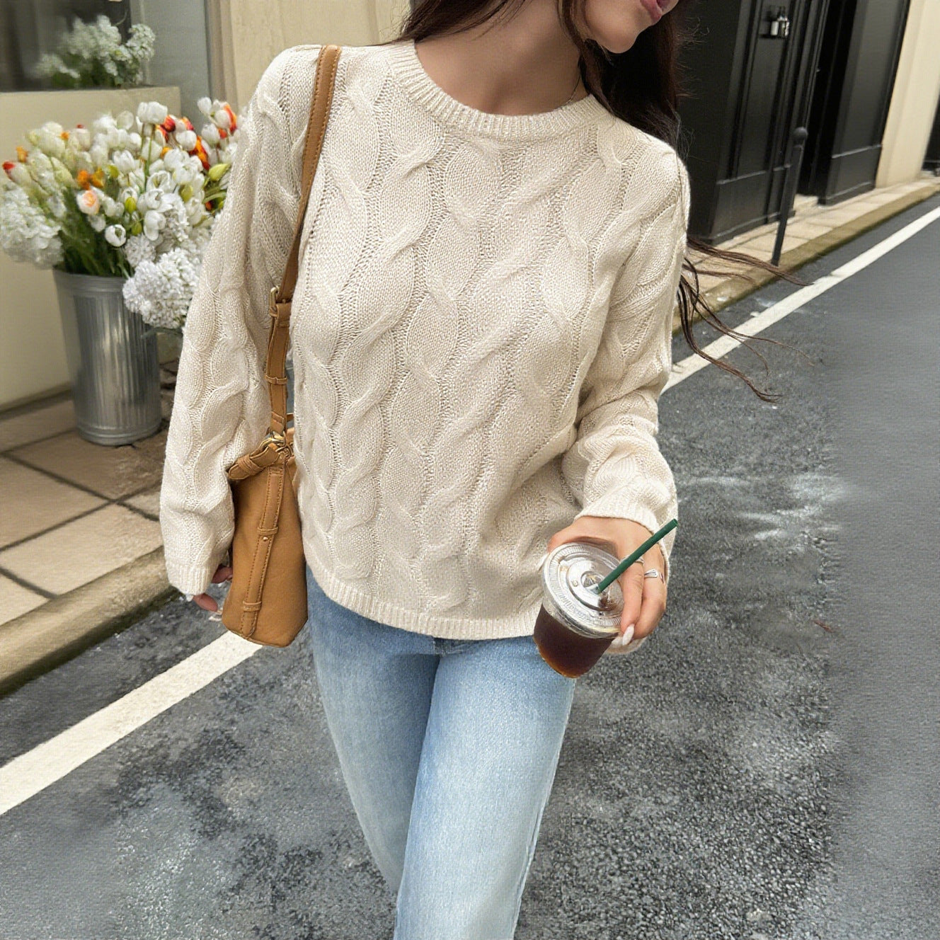 Sariya Solid Knit Crewneck Sweater - Apricot [RPR8XCDH]